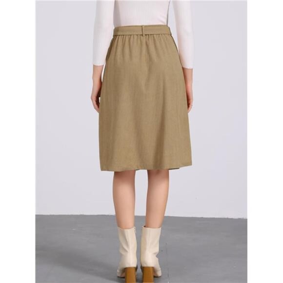 Womens High Waist Button Front A-Line Skirt Khaki - Picture 4 of 5